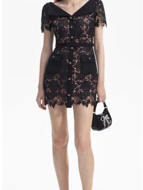 Self-Portrait Black Lace Mini Dress with Nude Lining and Peter Pan Collar